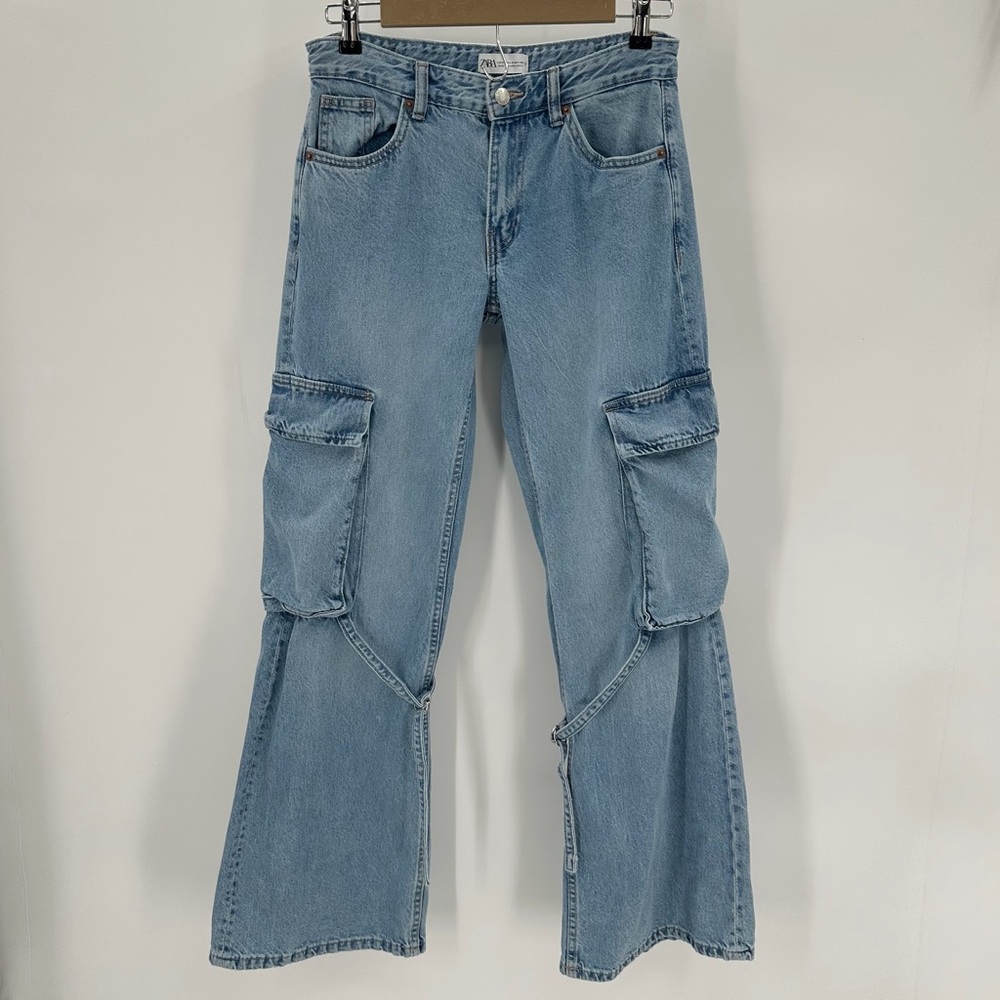 ZARA Cargo Flare Jeans Womens US 4 Blue Cotton Denim Utility Adjustable Straps